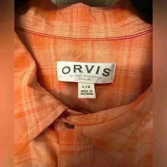 Orvis MEN Short Sleeve Woven Shirt - Orange Plaid - Size Large - Picture 3 of 10